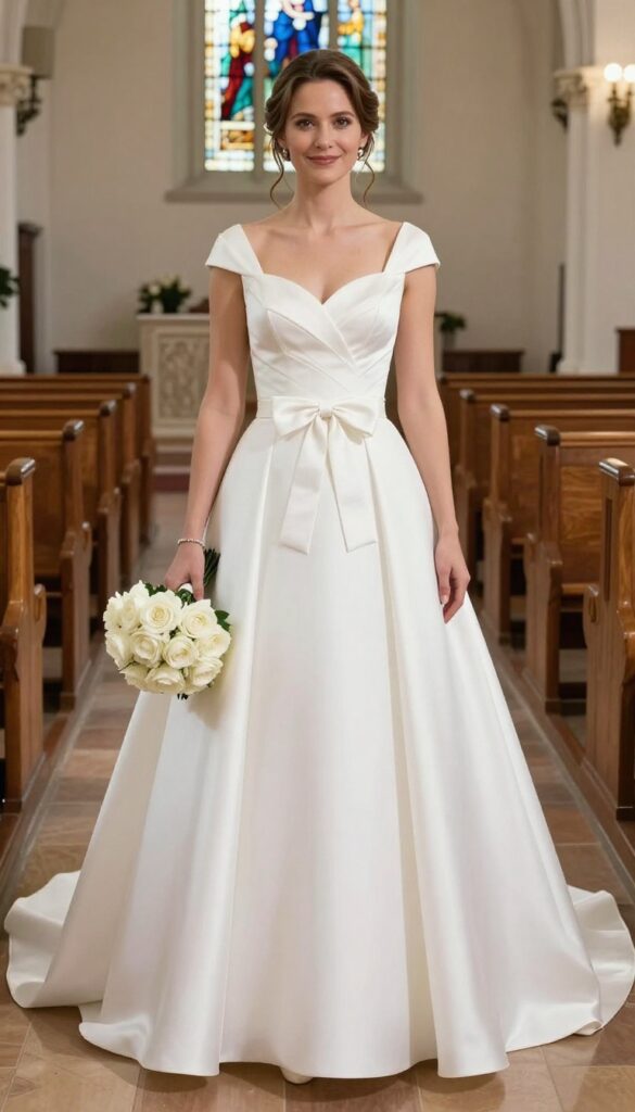 A woman in a white satin ballgown with a bow at the bodice, holding a bouquet of white roses in a church.