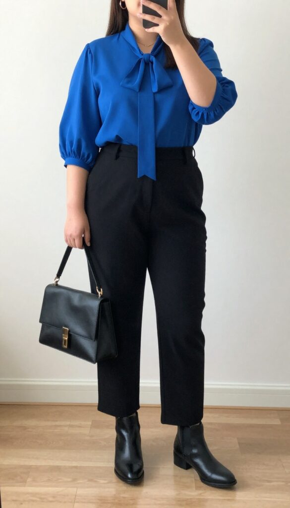 Young woman in bright blue blouse and black straight-leg pants, standing in a bright office setting.
