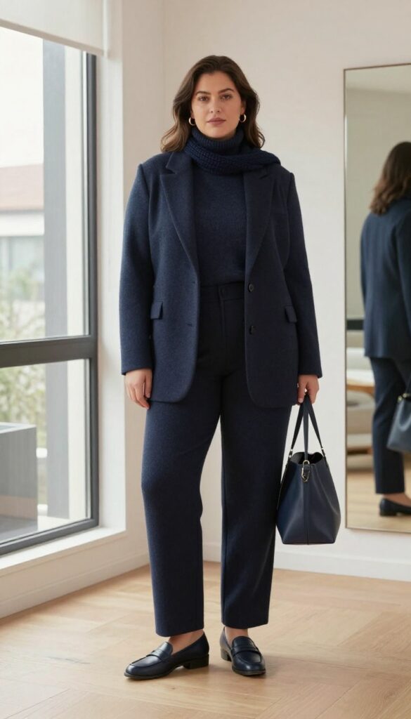 Plus-size woman in a monochrome navy outfit with layered pieces, taking a mirror selfie. She wears a turtleneck, wide-leg trousers, blazer, and scarf, with a structured tote bag and loafers. Bright natural light, clean and professional setting.