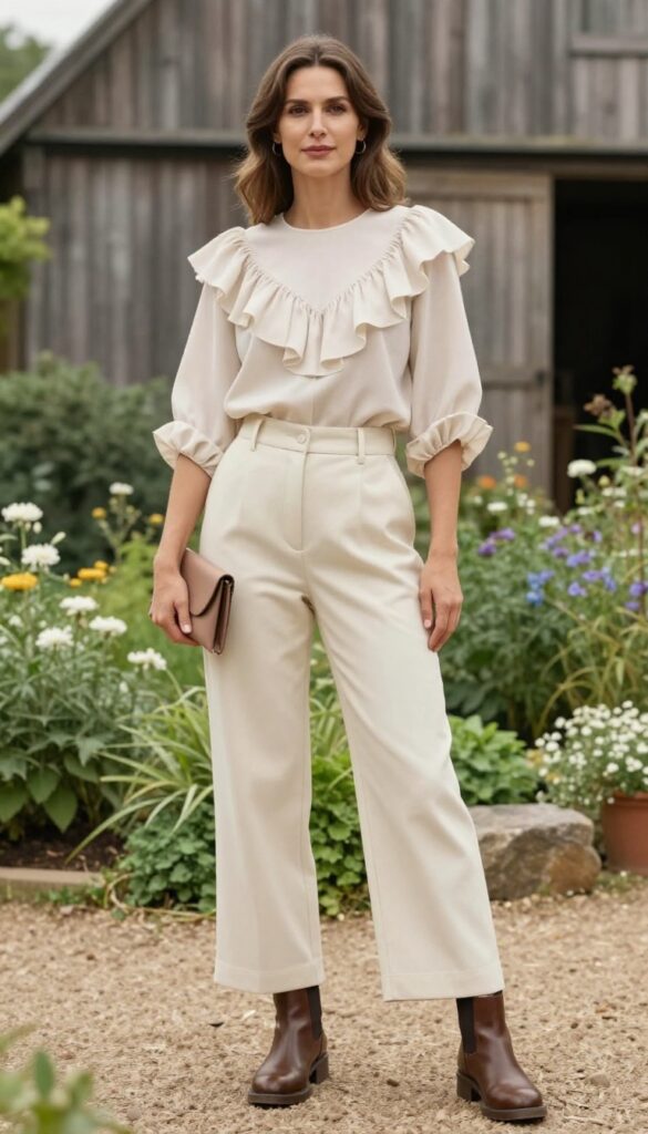 Woman in ruffled blouse and wide-leg trousers with Chelsea boots at rustic wedding venue.