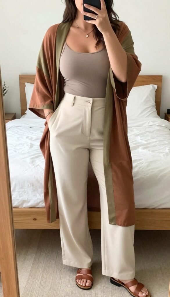 Woman in flowy printed kimono, fitted tank, and wide-leg trousers, posing for a business casual coffee event outfit.