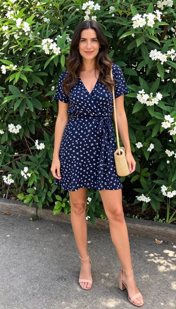 Woman in navy floral wrap dress with nude strappy sandals and woven bag at outdoor wedding