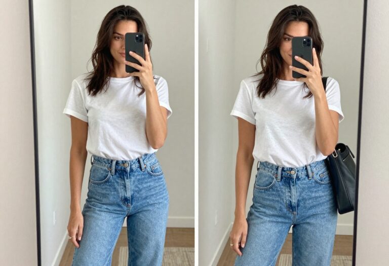 Mom in denim shorts and white tee taking a mirror selfie, phone partially covering her face, natural light, casual summer outfit.