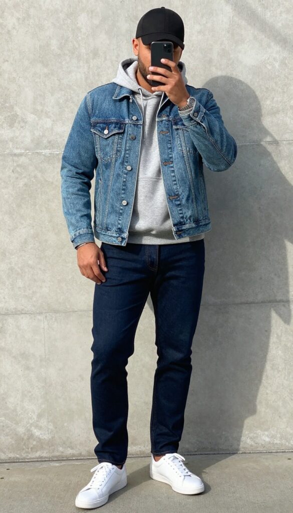 Plus-size man in gray hoodie and denim jacket taking a mirror selfie, wearing dark jeans and white sneakers, urban street style.