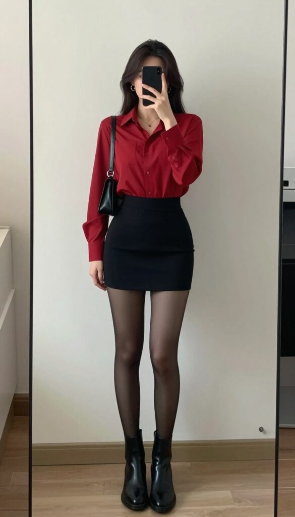 A woman in a red shirt and black mini skirt takes a mirror selfie, showcasing a bold yet modest casual outfit with ankle boots and a shoulder bag.