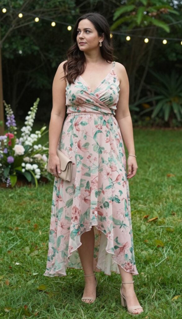 Woman in floral high-low hem dress with nude ankle strap sandals at garden wedding