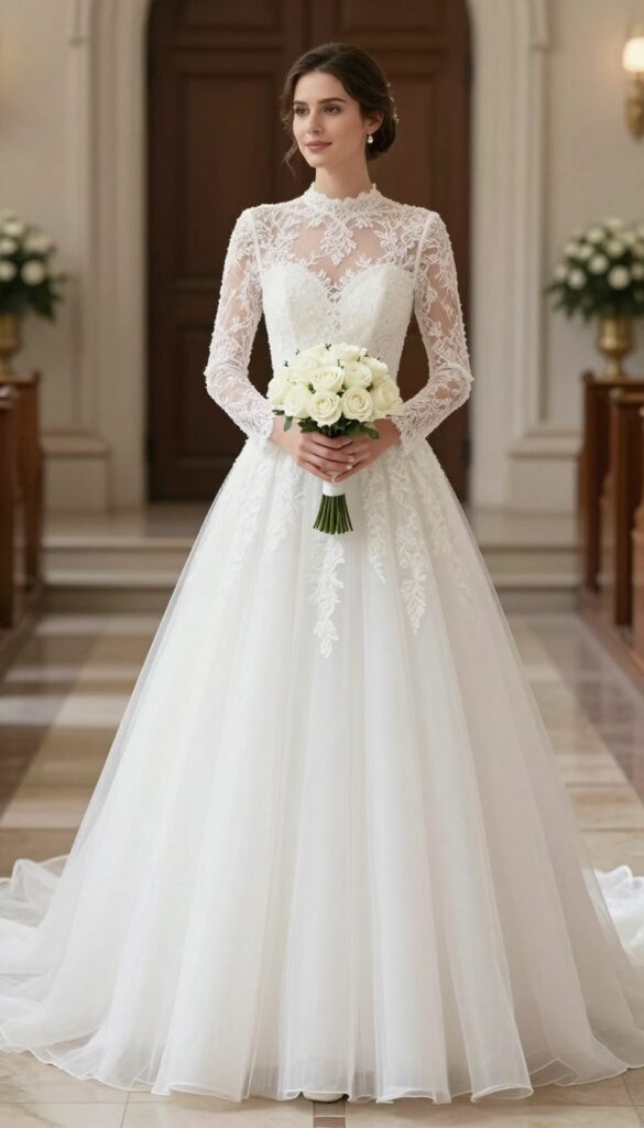 Bride in high-neck lace-sleeve ballgown wedding dress with full tulle skirt, standing in church aisle with white rose bouquet, low chignon hairstyle, romantic soft lighting.