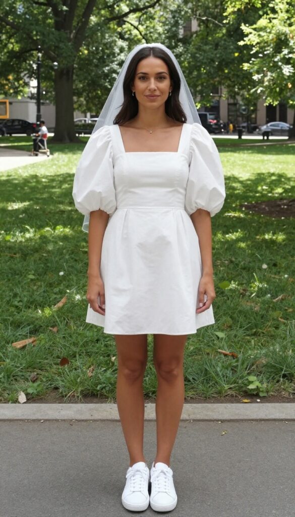 Young adult woman with medium skin tone wearing white micro mini dress with puff sleeves and square neckline, white sneakers, and short veil, standing in sunlit park with green grass and trees, soft smile, natural pose.