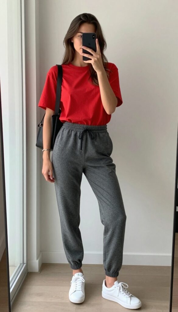 Woman in red relaxed-fit shirt and grey fitted joggers, white sneakers, holding phone for mirror selfie, bright natural light, casual outfit idea