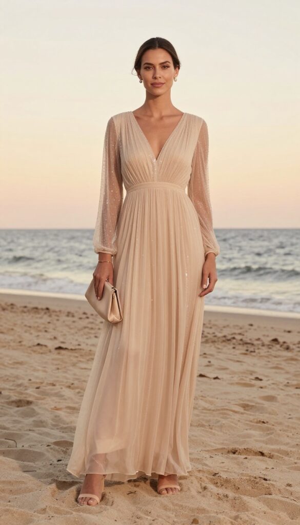 Woman in sheer-overlay sparkly gown with minimal accessories on beach at sunset