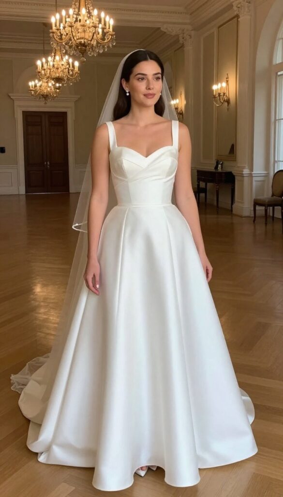 Bride in classic satin ballgown with sweetheart neckline, standing in elegant ballroom with chandeliers