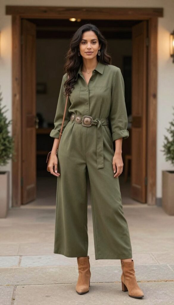 Woman in olive green jumpsuit with concho belt and heeled booties standing in barn doorway