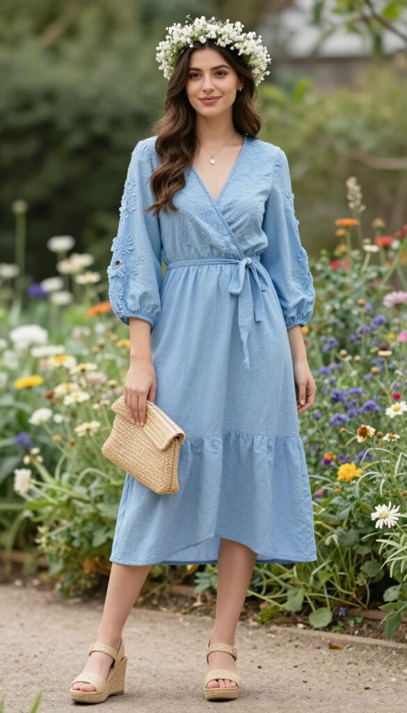 Woman in powder blue floral embroidered wrap dress with wedge sandals and flower crown in garden