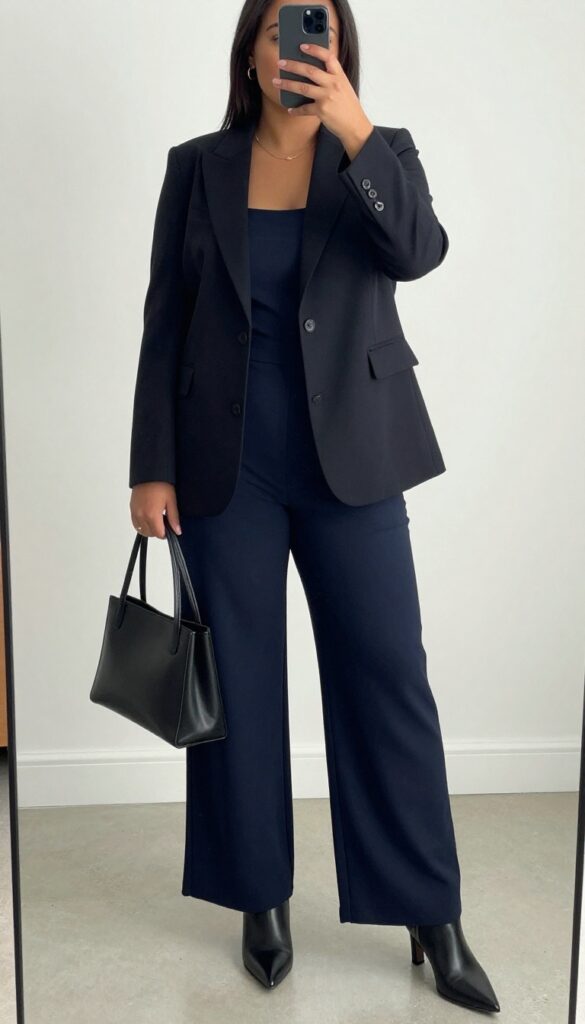 A woman in a navy wide-leg jumpsuit and black blazer takes a mirror selfie in a bedroom, partially covering her face with a phone.
