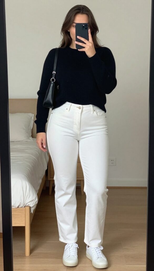 Woman in white jeans, camel coat, and white sneakers taking a mirror selfie in a bedroom, partially covering her face with a phone.