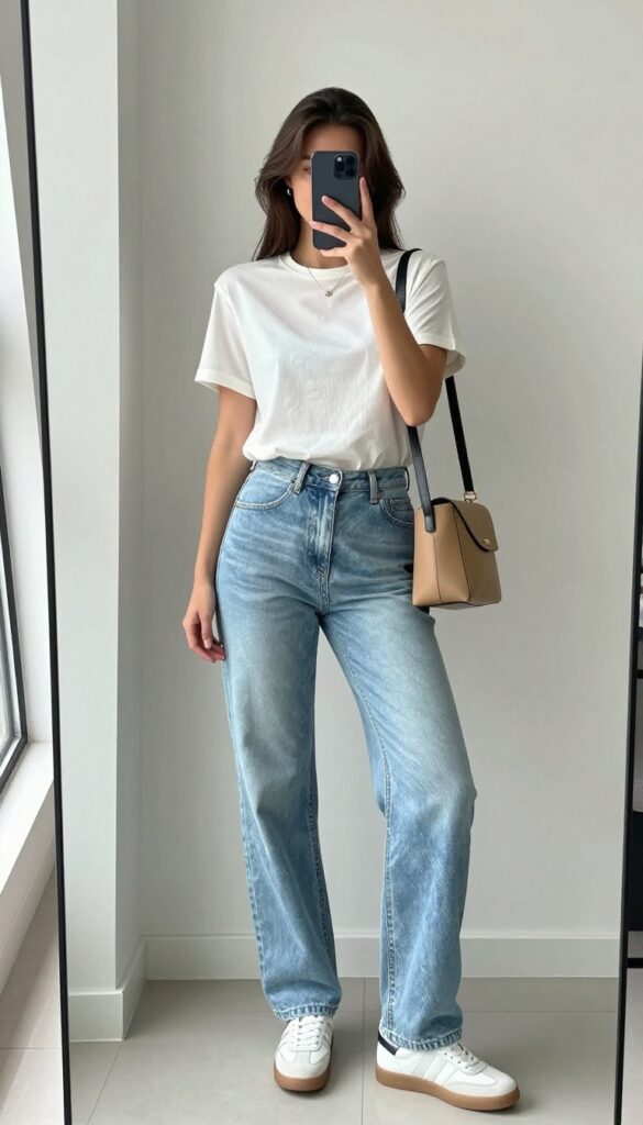 Woman taking a mirror selfie wearing a subtle graphic tee tucked into relaxed light-wash jeans, white sneakers, and a crossbody bag.