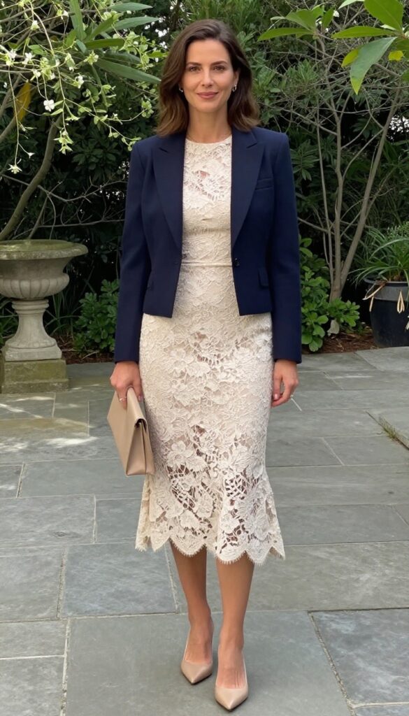 Woman in cream lace dress with navy cropped blazer and nude mules at garden wedding