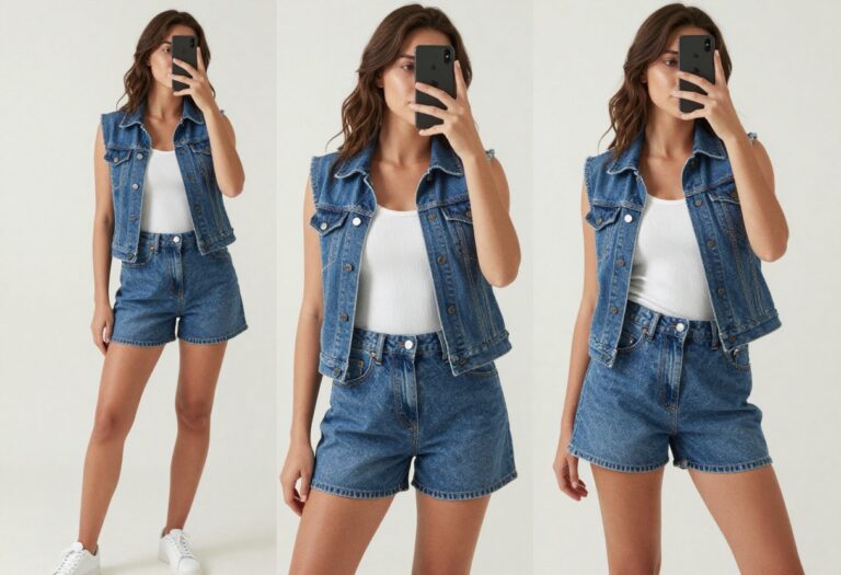 Woman in denim vest, white tank top, and shorts taking a mirror selfie, showcasing a casual summer outfit