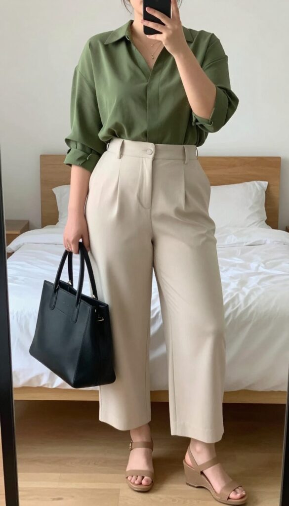 Plus-size woman in blouson top and palazzo pants with wedges, posing in mirror selfie, phone partially covering face, bedroom background.