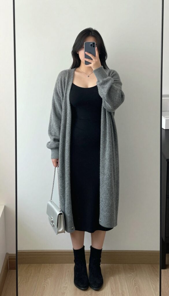 Heather gray cardigan over black slip dress with ankle boots and silver chain bag