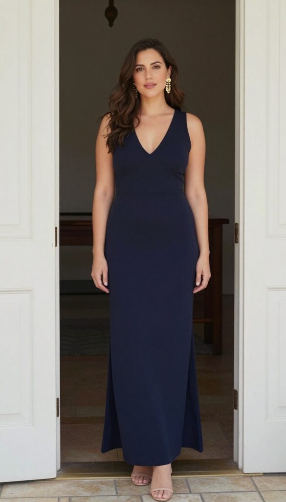 Plus-size woman in navy high-neck maxi dress with gold statement earrings and nude heels, standing in chapel doorway.