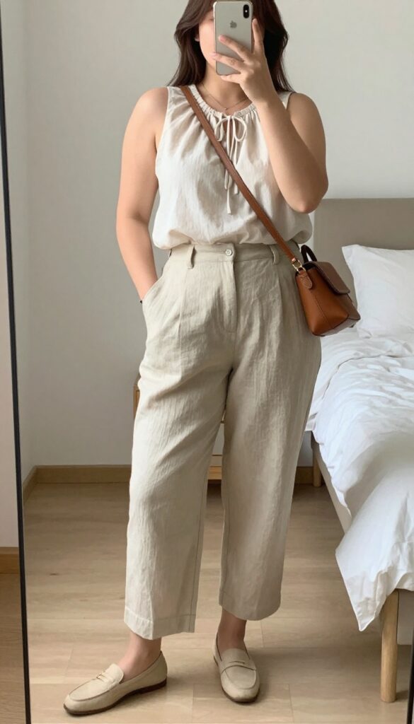 A woman in a sleeveless blouse and cropped trousers, standing in a bright office setting, holding a crossbody bag.