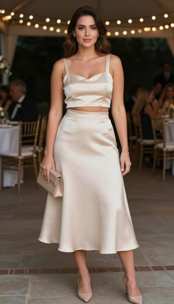 Woman in champagne satin crop top and high-waist skirt at evening wedding reception