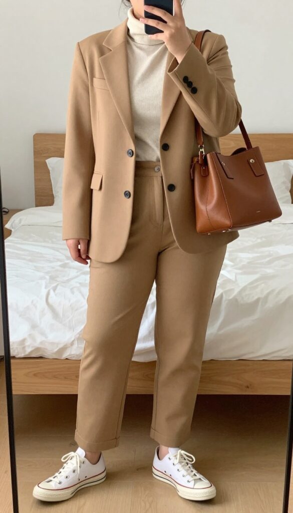 Woman in camel blazer, cream turtleneck, tan trousers, and white Converse sneakers, standing in a casual setting.