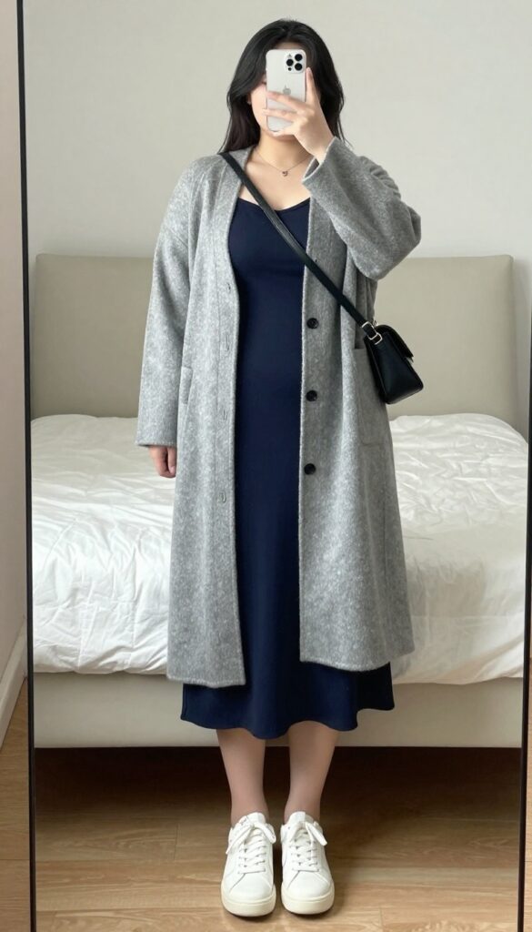 Plus-size woman in a cardigan coat over a slip dress with white sneakers, posing in a mirror selfie.