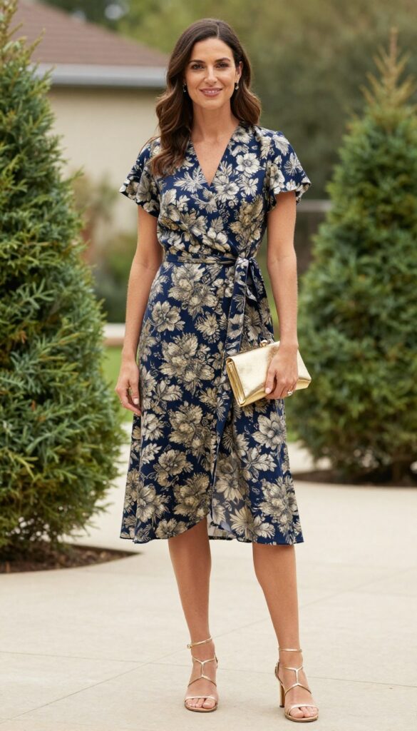 Woman in floral brocade wrap dress with gold strappy sandals and clutch at garden wedding