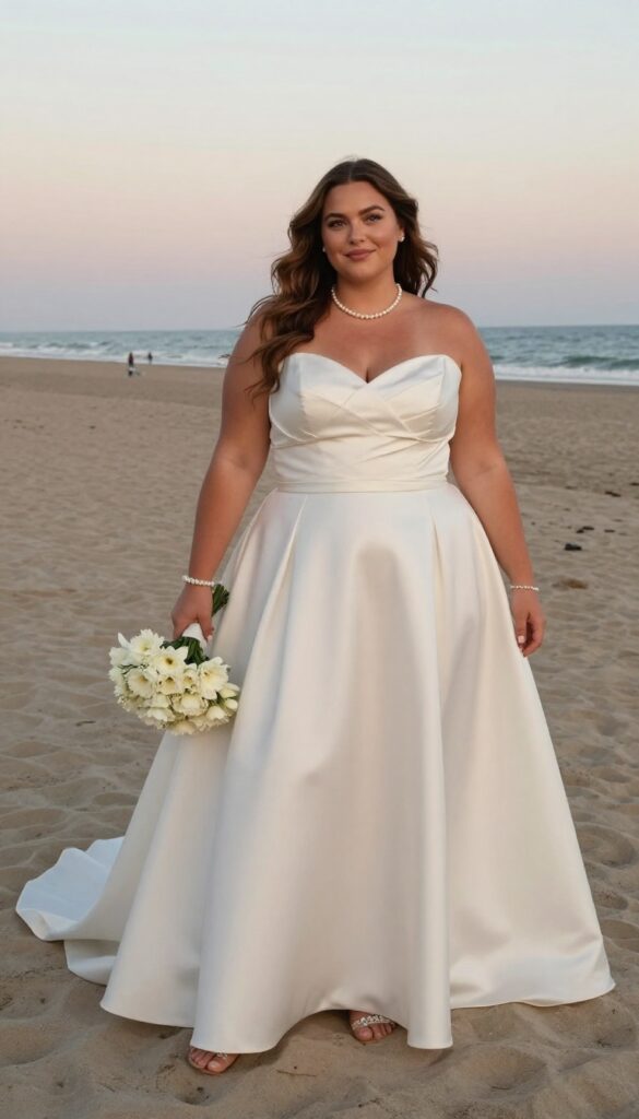 Plus size woman in strapless sweetheart wedding dress with basque waist and full A-line skirt on beach at sunset, pearl accessories, bouquet, realistic Instagram style.