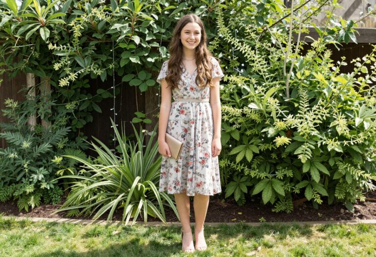 Teen girl in floral midi dress and block heels at a garden wedding