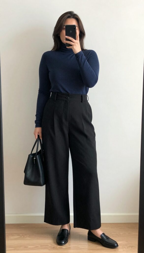 Woman in wide-leg trousers and fitted turtleneck, tucked in with belt, loafers, and structured tote, standing in a modern office setting.