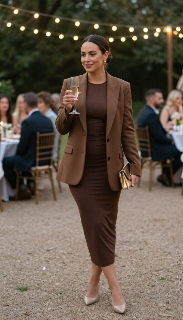 Woman in brown bodycon dress and camel blazer at outdoor wedding