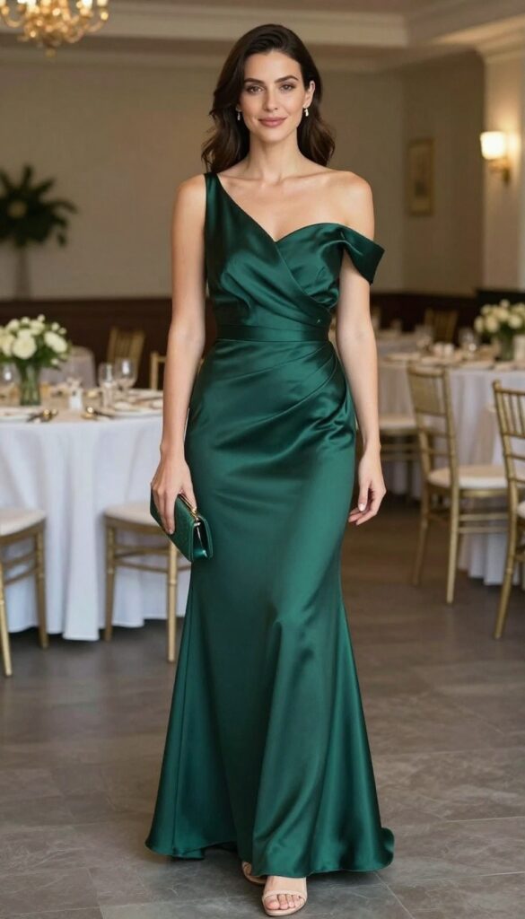Woman in emerald one-shoulder satin gown with nude heels and gold drop earrings in hotel ballroom