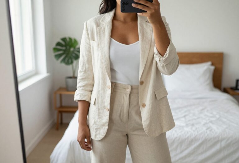 Curvy young woman in cream linen blazer and wide-leg trousers taking a mirror selfie in bedroom