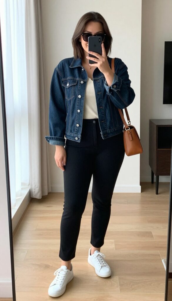 Plus-size woman taking a mirror selfie in a denim jacket, cream top, black ponte trousers, and white sneakers, with a tan crossbody bag and sunglasses, in a bright travel setting.