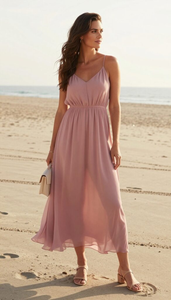 Adult woman in her late 20s with natural body type, wearing dusty rose chiffon maxi dress with thin straps, standing on beach at golden hour, wind lifting hem, barefoot or in nude sandals, minimal jewelry, candid pose looking towards ocean.
