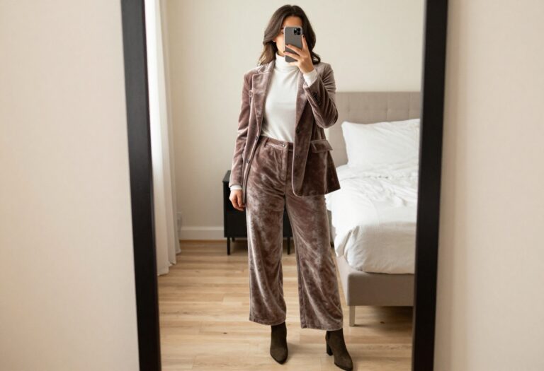 Woman in velvet blazer and wide-leg trousers taking a mirror selfie for holiday business casual outfit inspiration.