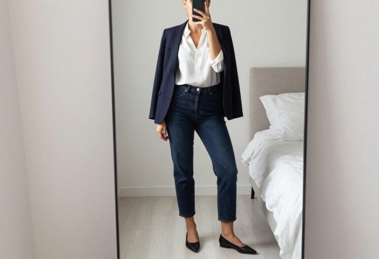Woman in dark wash jeans, white blouse, and navy blazer taking a mirror selfie in a bedroom