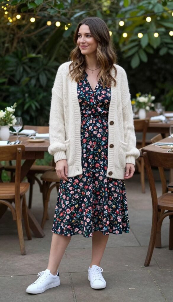 Woman in floral midi dress with cream knit cardigan and white sneakers at garden reception