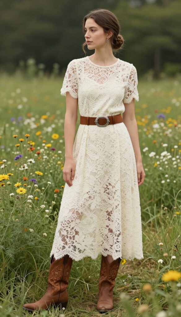 Young woman in ivory lace maxi dress with suede belt and cowboy boots standing in a field