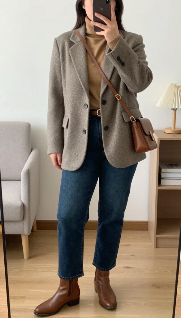 Warm gray blazer layered over camel turtleneck with straight-leg jeans and brown leather boots and belt.