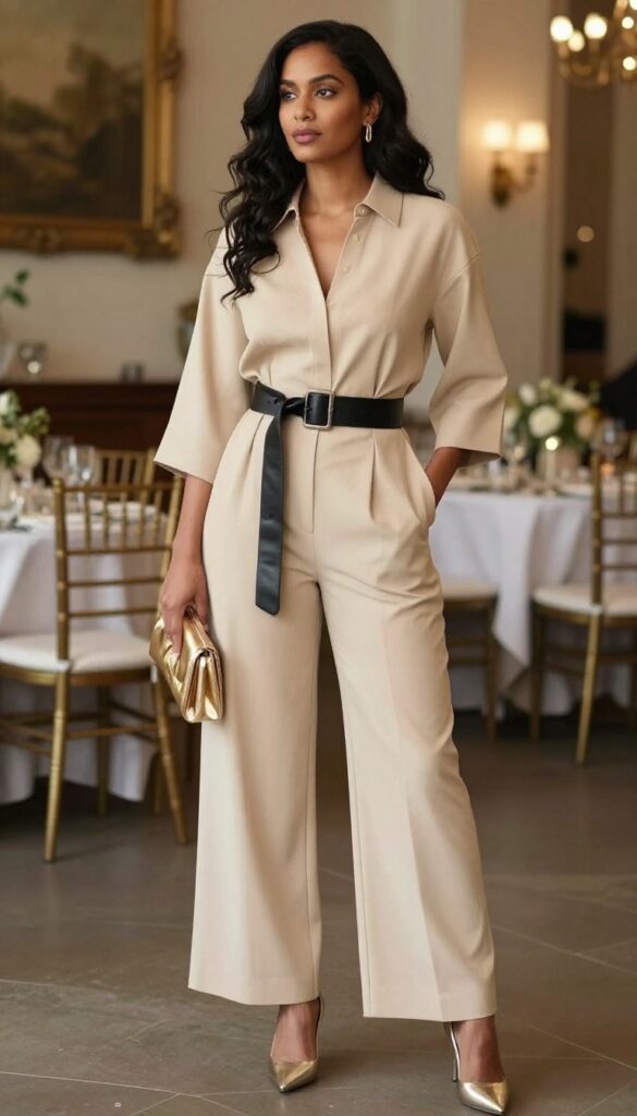 Woman in clay-colored jumpsuit with black belt, gold heels and clutch, standing in elegant indoor setting.