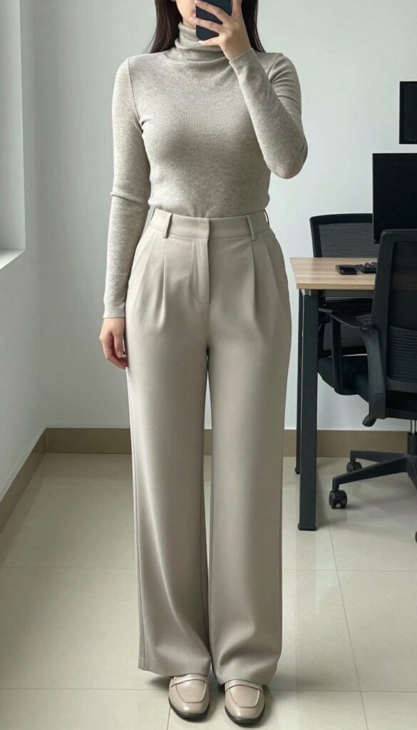 Korean business casual outfit: turtleneck, pleated pants, loafers