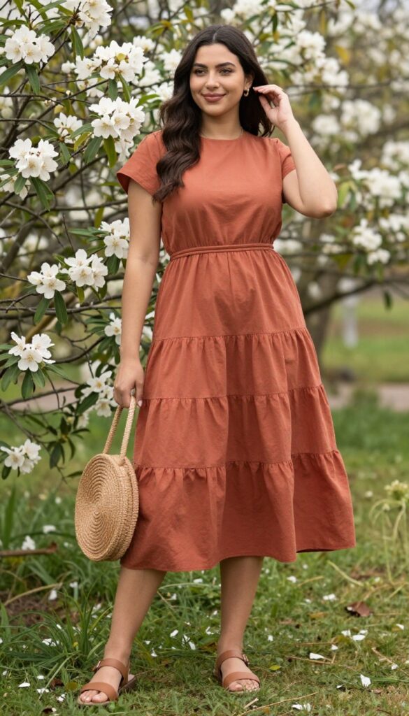Woman in terracotta tiered midi dress with raffia bag and flat sandals in garden
