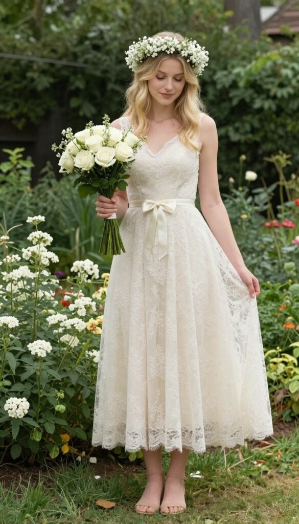 Woman in ivory A-line lace wedding dress with waist bow, flower crown, and bouquet in garden