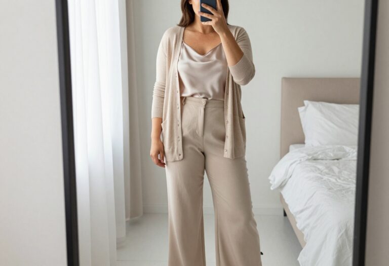 Plus-size woman in layered business casual outfit taking a mirror selfie in bedroom