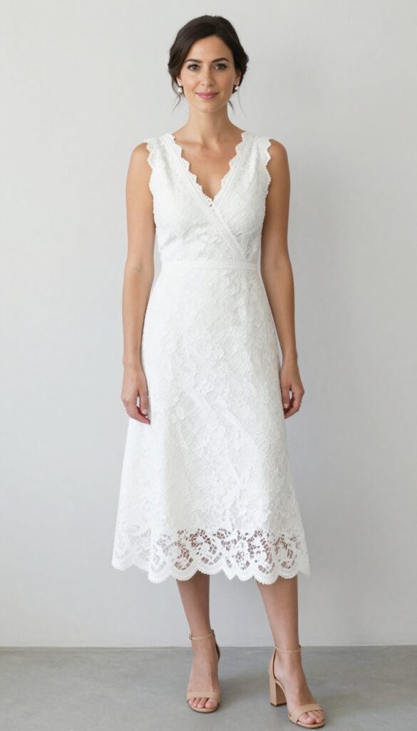 Young adult woman in white lace A-line dress and nude block heel sandals standing on grassy lawn at garden wedding venue with string lights and flowers in background, natural daylight, full-body shot.