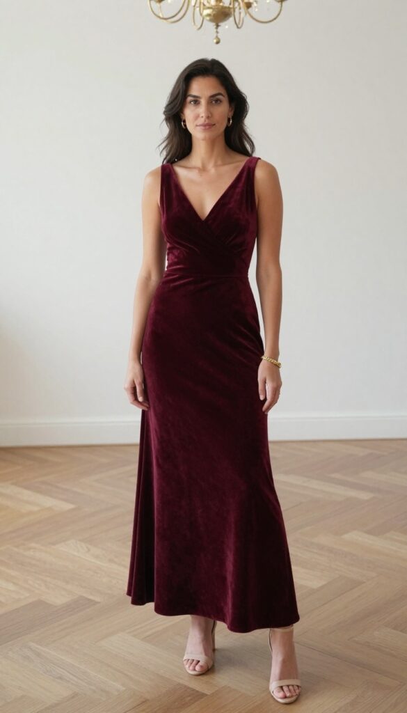 Woman in deep burgundy velvet A-line wedding dress with deep V-neckline, standing in grand ballroom with chandeliers and candlelight, wearing nude heels and gold earrings.